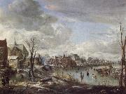 Aert van der Neer A Frozen River Near a Village,with Golfers and Skaters oil painting reproduction